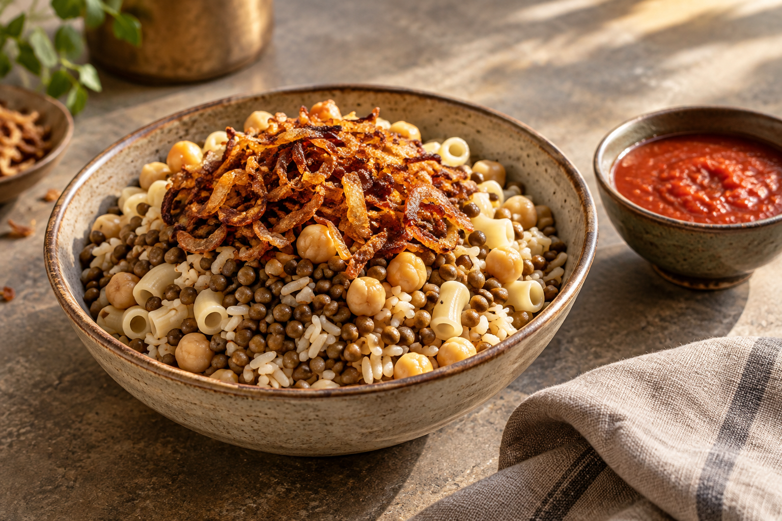 Bol de koshari avec lentilles, pâtes, pois chiches et oignons dorés — illustration générée
